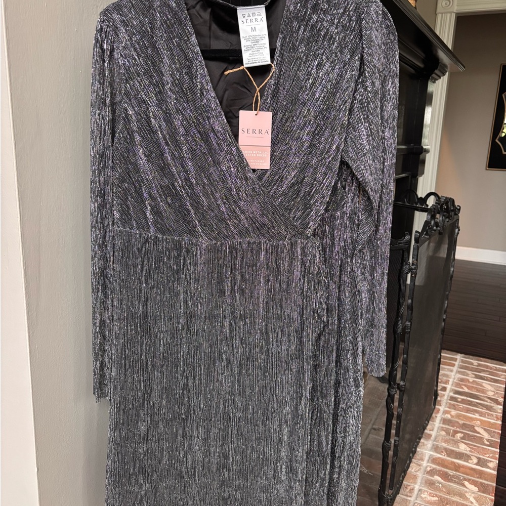 Serra Metallic Pleated Wrap Dress in Charcoal with Purple Sheen